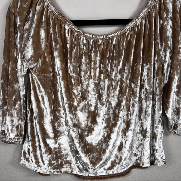 LARGE HOLLISTER BEIGE VELVET BLOUSE OFF SHOULDER PEASANT BOHO STRETCH NEUTRAL - Picture 4 of 10